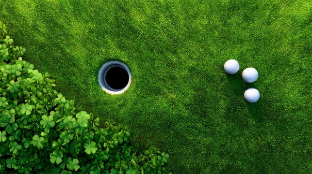 A golf course with a hole and three golf balls on the grass. The hole is surrounded by green grass and a clump of clovers