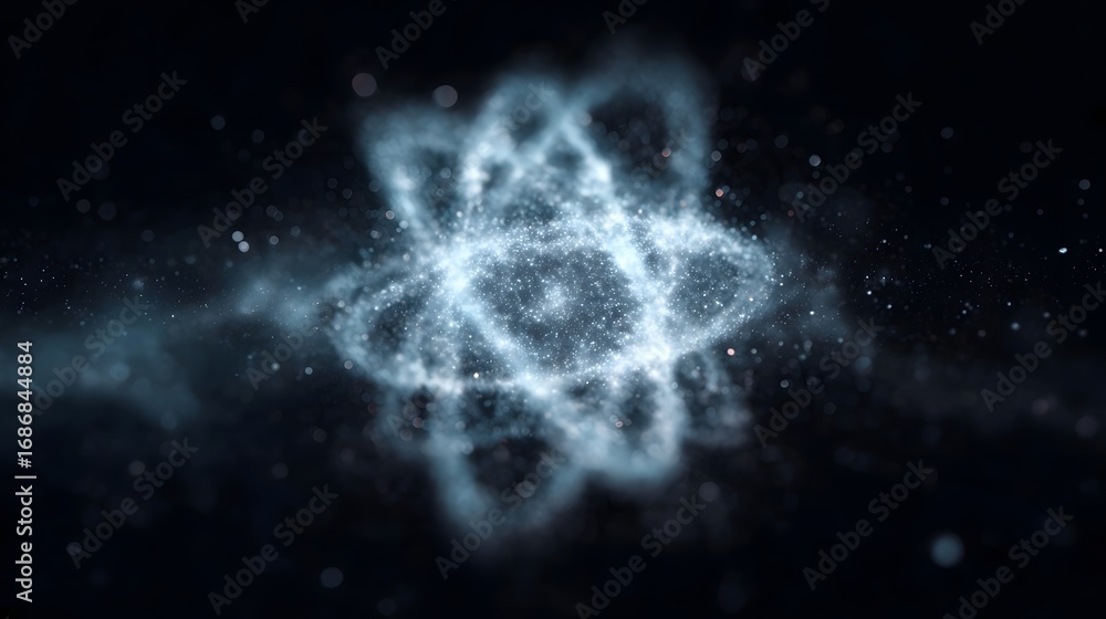 Poster abstract glowing atomic structure visualizing science and energy in dark space