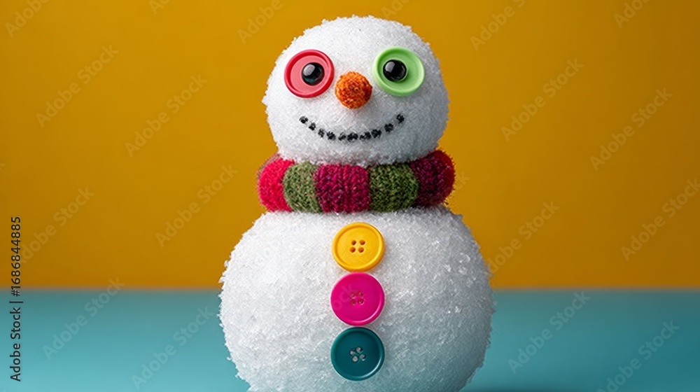 Poster a snowman with a red scarf and green buttons is smiling. the buttons are colorful and the snowman is