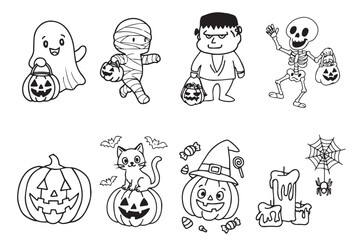 Halloween Cartoon Characters and Elements for Coloring and Decoration