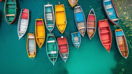 Topdown view of colorful fishing boats docked in turquoise harbor