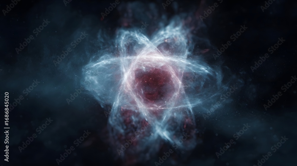 Poster abstract glowing atomic structure with energetic orbits and pulsing particles in dark cosmic space