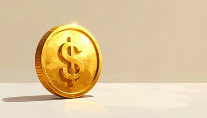 Single upright gold coin with embossed dollar sign on smooth surface