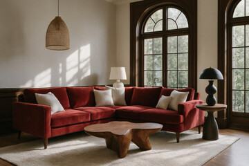 Elegant red velvet sectional sofa in classic living room with wooden accents and sculptural coffee table