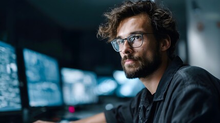 A focused professional wearing glasses intently works on multiple computer monitors in a dark modern technology control room