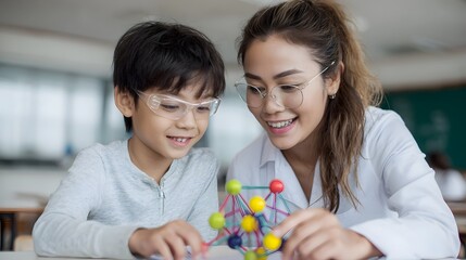 A smiling teacher guides a young student as they build a colorful molecular model in a bright classroom