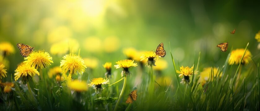 Fototapeta The butterflies fluttering among vibrant yellow dandelions in a serene meadow.