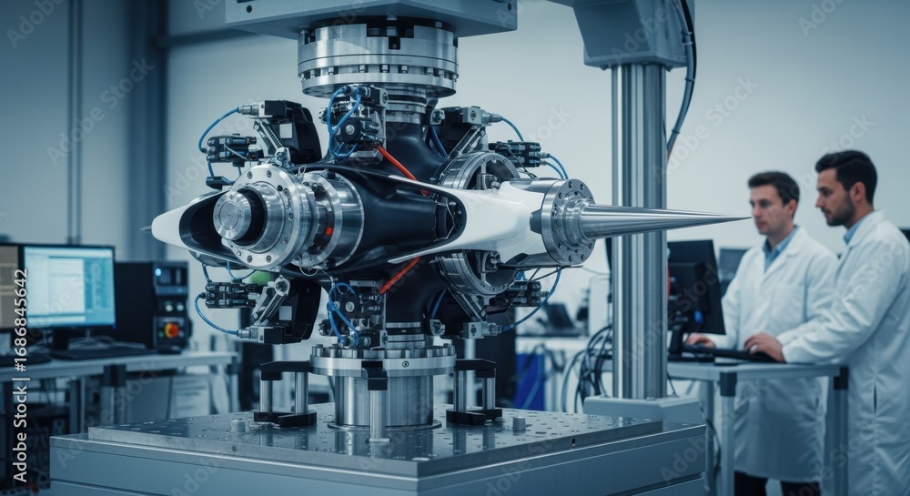 Aufkleber staticload testing of a futuristic evtol rotorhub on a calibrated test stand with engineers adjustin