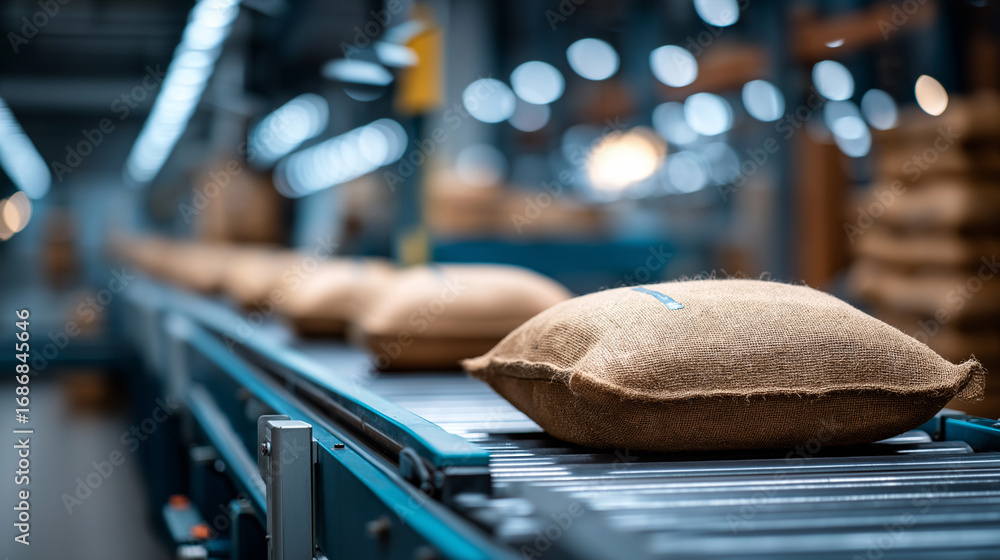 Poster a detailed look at an automated packaging section processed agricultural materials neatly packed int