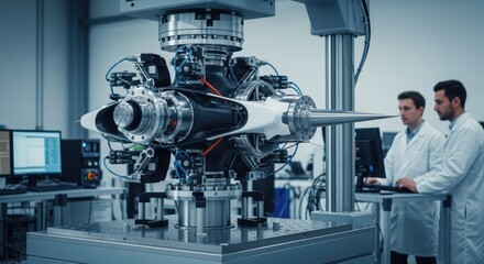 Staticload testing of a futuristic eVTOL rotorhub on a calibrated test stand with engineers adjusting settings to simulate flight stresses.