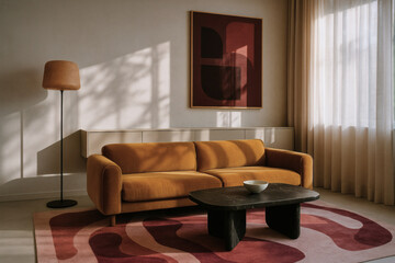 Modern living room with mustard sofa, abstract red wall art, and bold patterned rug in natural light