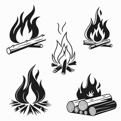 Black and white campfire illustrations with logs wood burning