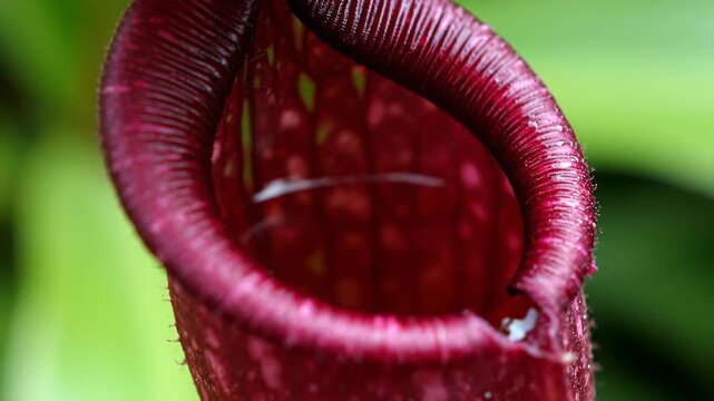 Close-up Of Nepenthes Pitcher Plant Showing Intricate Details With Blurred Greenery In Background