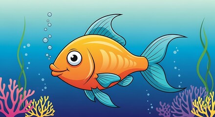 Naklejka premium Colorful Cartoon Fish Swimming in Underwater Scene with Coral and Seaweed