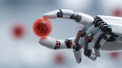 robotic hand holding virus model