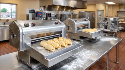 Dumpling production factory showcasing the folding process of fresh dough in a clean and spacious kitchen environment