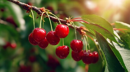 Close up of ripe red cherries on a tree branch with green leaves. Sunlight filters through, highlighting glossy, juicy fruit and summer freshness, with a softly blurred natural background.