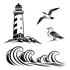 Black lighthouse seagulls and ocean waves design elements flying bird