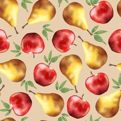 Seamless Fruit Pattern with Red Apples and Yellow Pears on Brown Background