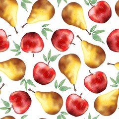 Fresh Red Apple and Yellow Pear Pattern Isolated on White