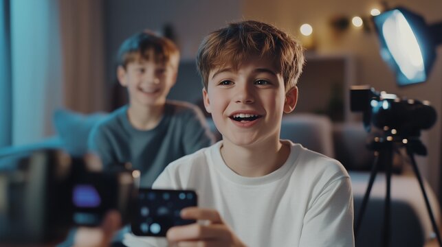 Two boys sitting on couch with camera in the background. Real time stream of content from smartphone video blogger. A vlogger vlogging in a field of shallow. Two boys are on a couch lifestyle with a.