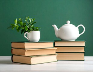 Stack of books, teacup, and teapot on a table against a green background
