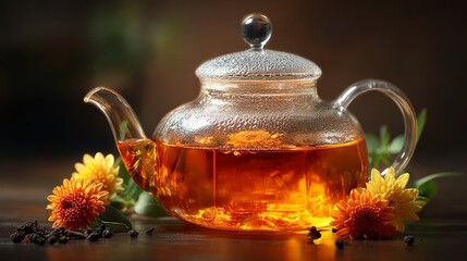 Elegant Glass Teapot with Flower Accents Showcasing Golden Brew Loose Leaf Tea in Serene Still Life