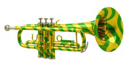 Vibrant green and yellow striped trumpet musical instrument.
