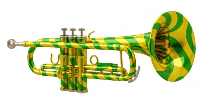 Vibrant green and yellow striped trumpet musical instrument.