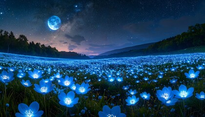A vast field of luminous blue flowers under a night sky