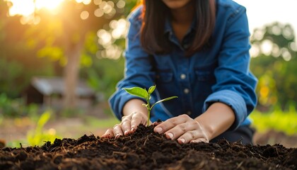 Woman planting a sapling in a garden