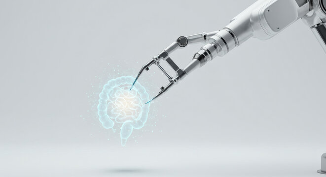 A futuristic robotic arm gently holding a luminous digital brain, symbolizing the synergy between artificial intelligence and neuroscience - Powered by Adobe