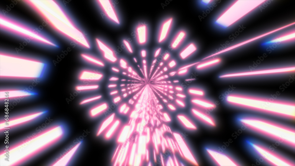 Poster bright neon tunnel with concentric pink light rays creating a vivid radial motion blur in a dark bac