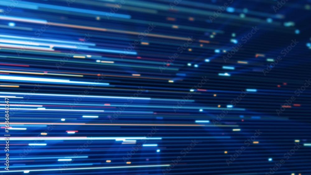 Poster digital motion background with bright blue light trails and multicolored accents in a high-speed str