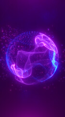 Vibrant digital sphere with blue and pink glowing particles and swirling neon patterns on a dark purple background