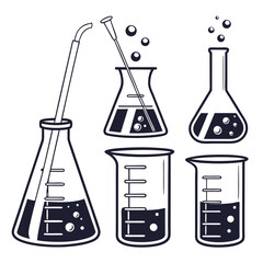 Chemistry laboratory glassware with bubbling liquids flasks beakers