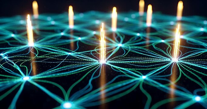 Futuristic Technology Network Visualization with Glowing Nodes and Data Streams Animation