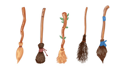 Hand drawn vintage sketch set of five rustic witch broomsticks with wooden handles and bristles for halloween magical design