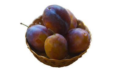Large plums placed in a basket on a white background