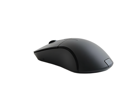 Black wireless computer mouse isolated on a transparent background.