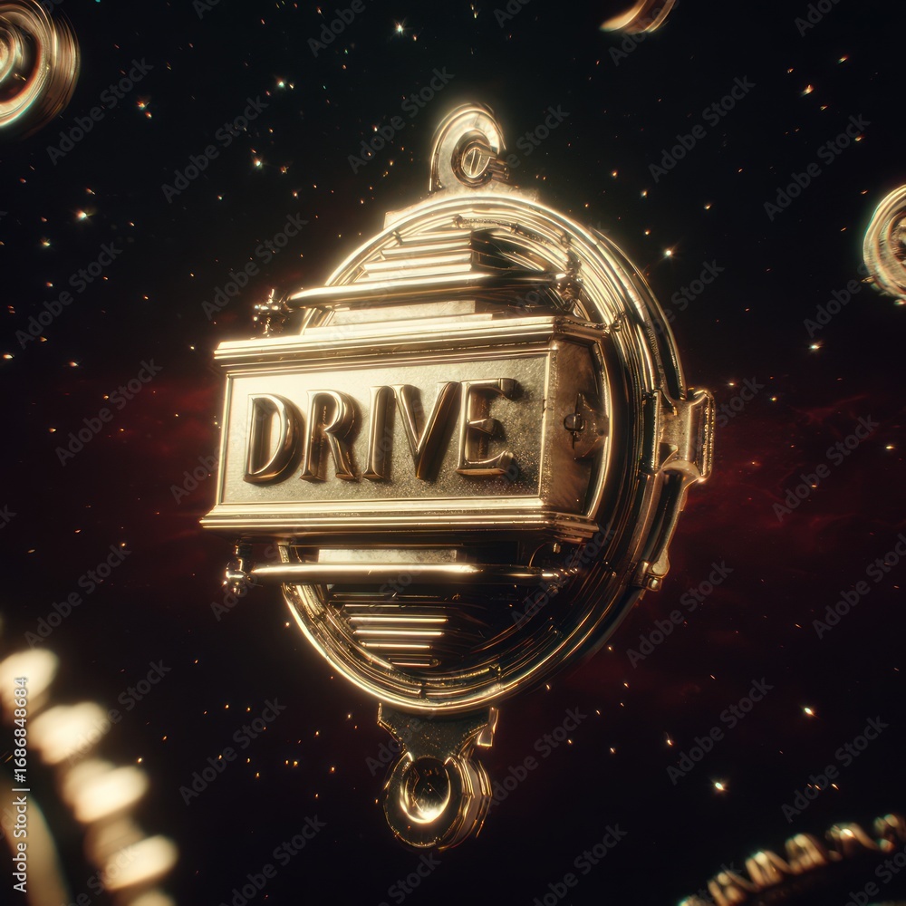 Poster golden, metallic, circular object in space, showcasing the word 