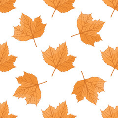 Hand drawn vintage seamless pattern of autumn maple leaves in orange rustic style for seasonal thanksgiving harvest design