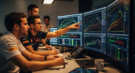 Engineers collaboratively analyzing fuel consumption graphs on large monitors during a highperformance Formula One engine run.