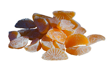 Tangerine-shaped jelly beans on a white background