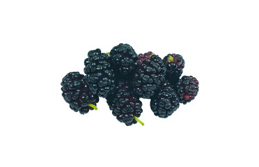 There is a bunch of black mulberries on a white background.