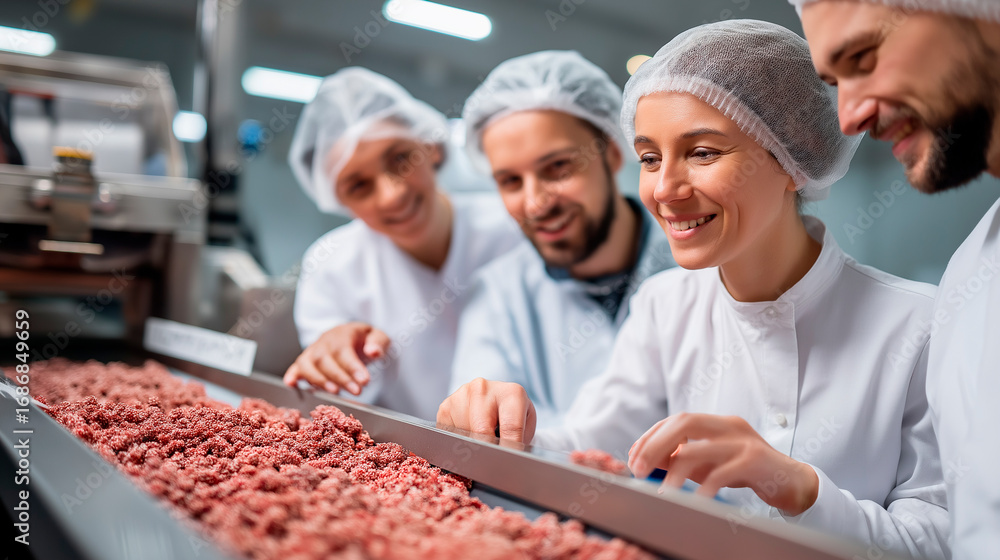 Poster a diverse team of skilled workers inspecting and sorting raw agricultural materials machinery operat