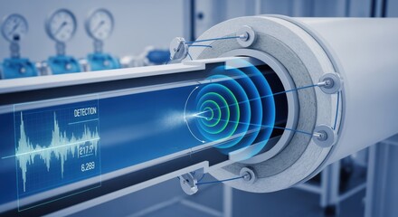 Crosssectional diagram illustrating acoustic leak detection principles applied within cryogenic hydrogen pipeline test loops.