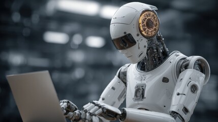 Fototapeta premium robot using laptop futuristic technology