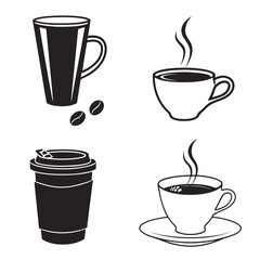 Obraz premium Four coffee cup styles hot beverage steam coffee beans coffee mug takeaway cup