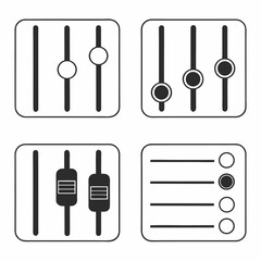 Four control panel icons with sliders and toggles audio